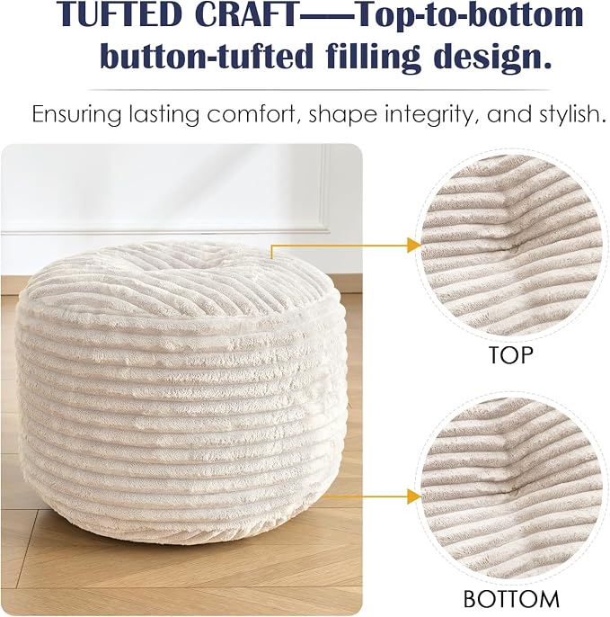SHOUREN Stuffed Round Ottoman,Corduroy Pouf Ottoman Foot Rest with Foam Filling,Pouf Storage Ottoman Footstool for Living Room,18 X 14 Floor Poufs for Couch - 18 X 14 Inches,Beige