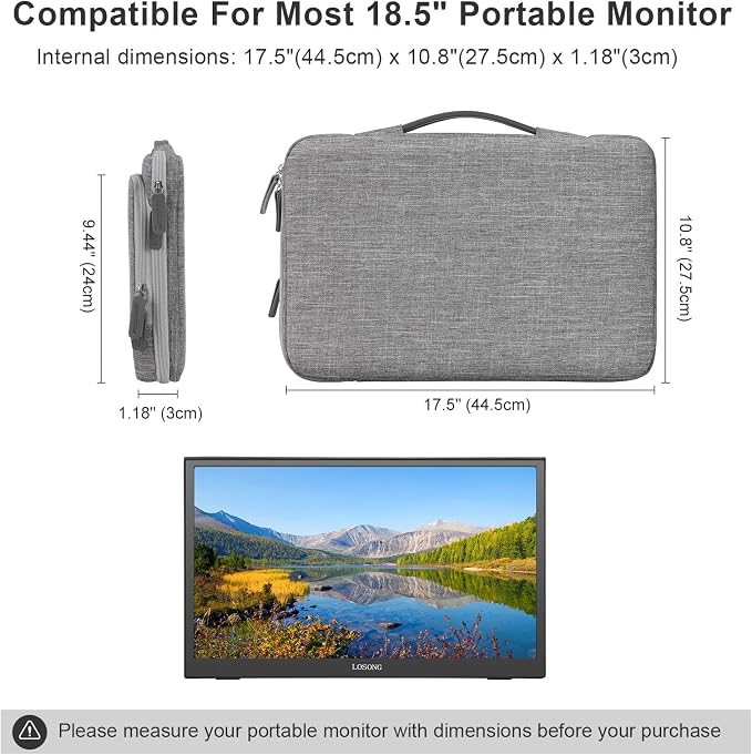 18.5 Inch Portable Monitor Case, 18.5 inch Protective Carrying Cover with PU Handle, Large Accessory Pocket and Water Resistant for Travel Monitor Bag Display Screen Sleeve, Gray