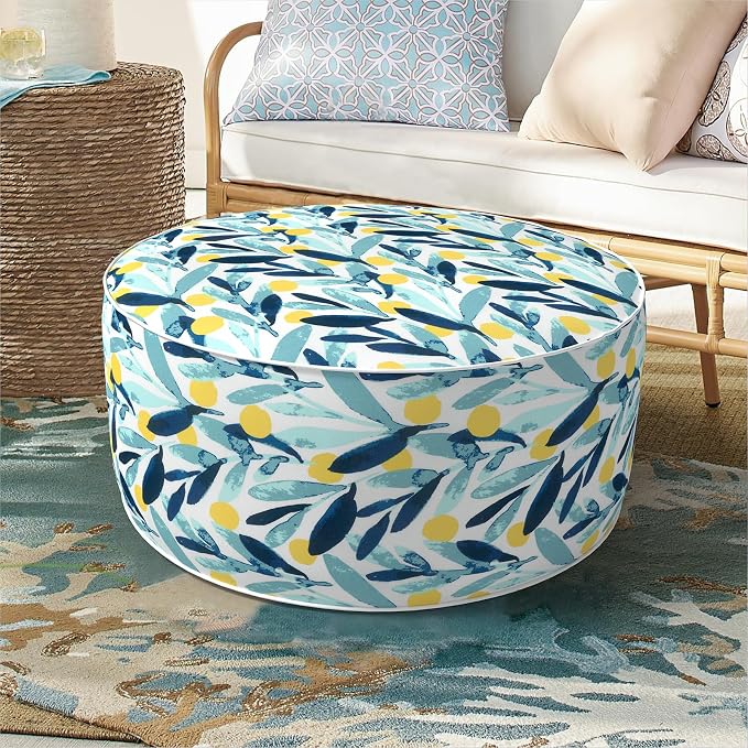 DYTXIII Inflatable Ottoman Stool D21 xH9 for Outdoor/Indoor Use, Water Repellent Patio Foot Rest Stool with Portable Handle,Round Pouf Ottoman Suitable for Garden,Deck and Camping - Leaves Multi