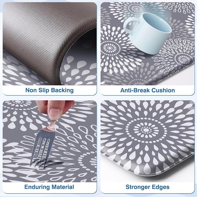 LuxStep Kitchen Mats for Floor,Cushioned Rug Anti-Fatigue Mats for Kitchen Decor Accessories,Waterproof Non-Slip Mats and Rugs Set for Office,Floor,Laundry 17.3"×30"+17.3"×47",Grey