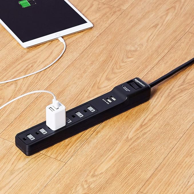Amazon Basics Surge Protector Power Strip with 6 Outlets, 2 USB Ports, 1000 Joule, 6-Foot Cord Length, Black