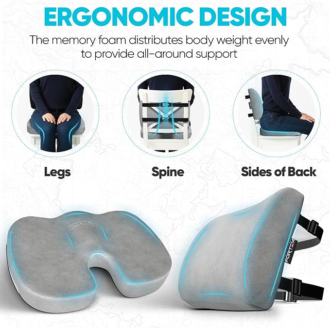 FORTEM Seat Cushion, Office Chair Cushion, Lumbar Support Pillow for Office Chair, Memory Foam Car Seat Cushions, Sciatica Coccyx Tailbone Pain Relief, Cushions for Back Support, Washable, Non Slip XL