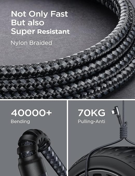 AINOPE USB to USB C Cable [2-Pack, 6.6ft] 3.1A Fast Charger Type C Right Angle, Resistant Nylon Braided C Type Charging Cable Compatible with Galaxy S10 S9 Plus S21, Note 10 9 LG, Type C Charger