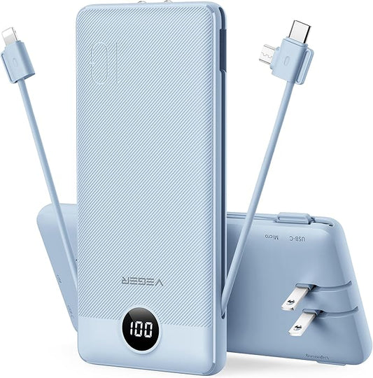VEGER Portable Charger Power Bank with Built-in AC Plug and Cables, All in One 10000mAh Ultra Slim Travel Essentials, Fast Charging Battery Pack Compatible with iPhone, Samsung, Android (Blue)