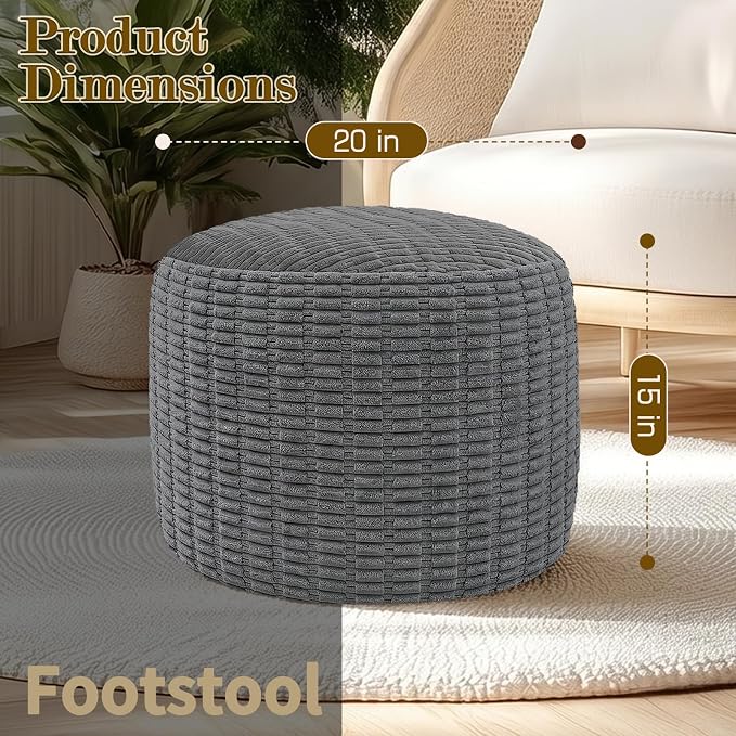 Round Corduroy Ottoman Foot Rest Pouf for Living Room Couch - Soft Plush Shredded Foam Filled Hassock Stool, Comfy Footstool for Adults (Charcoal - Chunky Corduroy, 20 INCH×15 INCH)