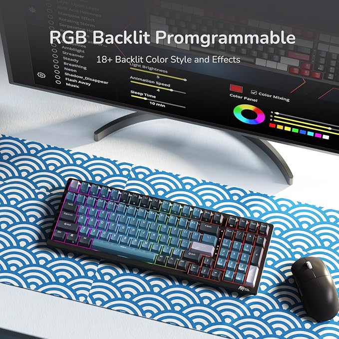 RK ROYAL KLUDGE RK98 Wireless Mechanical Keyboard, 100 Keys 98% Layout with Custom Switches Hot Swappable, Tri-Mode BT5.1/2.4G/USB-C Full Size Gaming Keyboard with Numpad RGB, Brown Switch