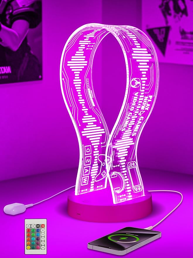 CoolGift Mart Light Up Headphone Stand with 16 Color Lights, Game Pattern Acrylic Headset Stand with 1 USB and 1 Type-C Charging Ports, Gifts for Girls Women Gamers and Music Lovers