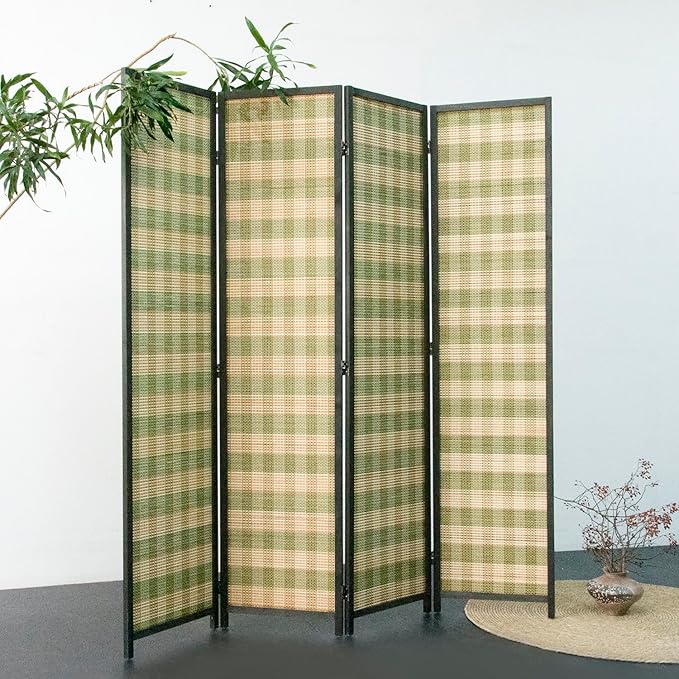 Furnnylane 4 Panel Bamboo Room Divider - 5.6 ft Tall (67" H x 63" W), Double-Sided Folding Privacy Screen in Green Woven Stripe, No-Drill Freestanding Partition for Home Office & Bedroom