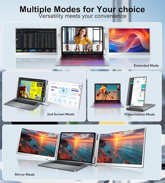 14" Triple Monitor Laptop Screen Extender- FHD 1200P 16:10 Laptop Screen Extender, Left Screen 360° Flip Portable Monitor for 12-16.5" Laptops with HDMI/USB-C, Plug & Play - S7