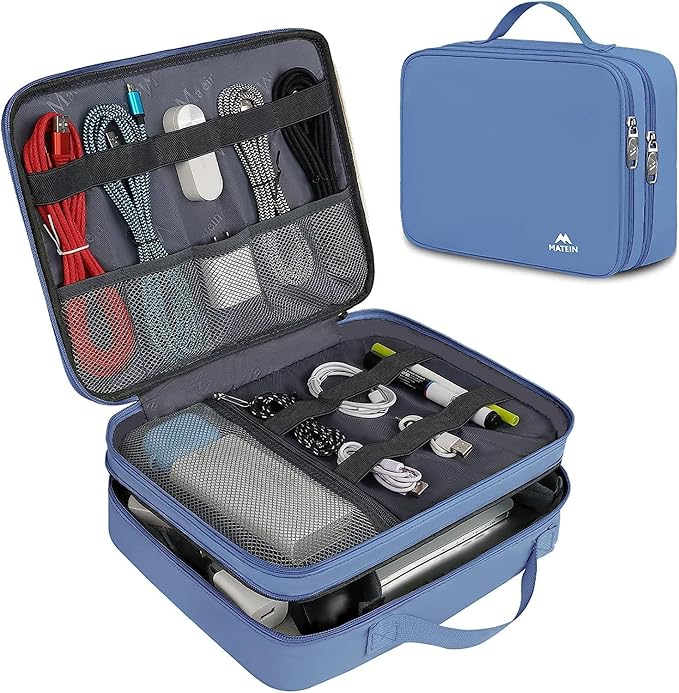 MATEIN Electronics Organizer, Cable Organizer Bag Electronic Accessories Case with Handle for Cable, Cord, Tablet, Charger, Phone, Double Layers Tech Case Travel Gifts for Men and Women, Blue