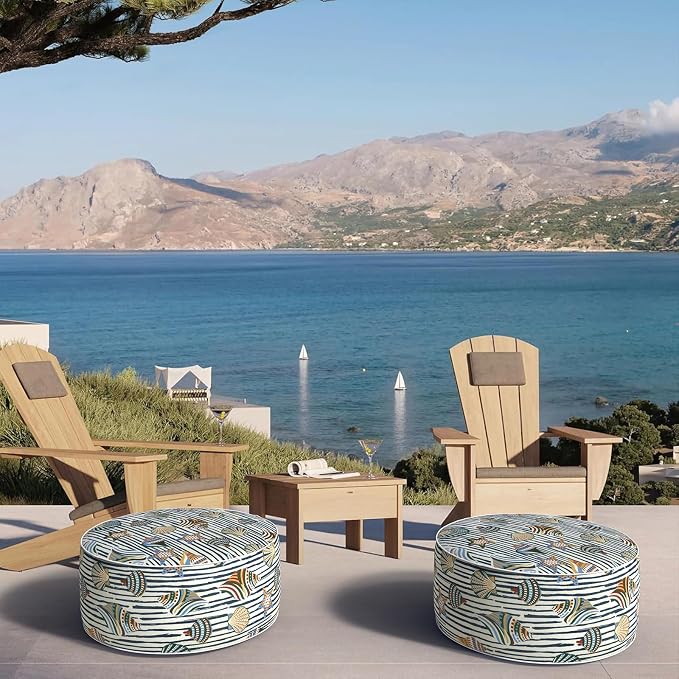 DYTXIII Inflatable Ottoman Stool D21 xH9 for Outdoor/Indoor Use, Water Repellent Patio Foot Rest with Portable Handle,Round Pouf Ottoman Suitable for Garden,Deck and Camping-Crayon Shells