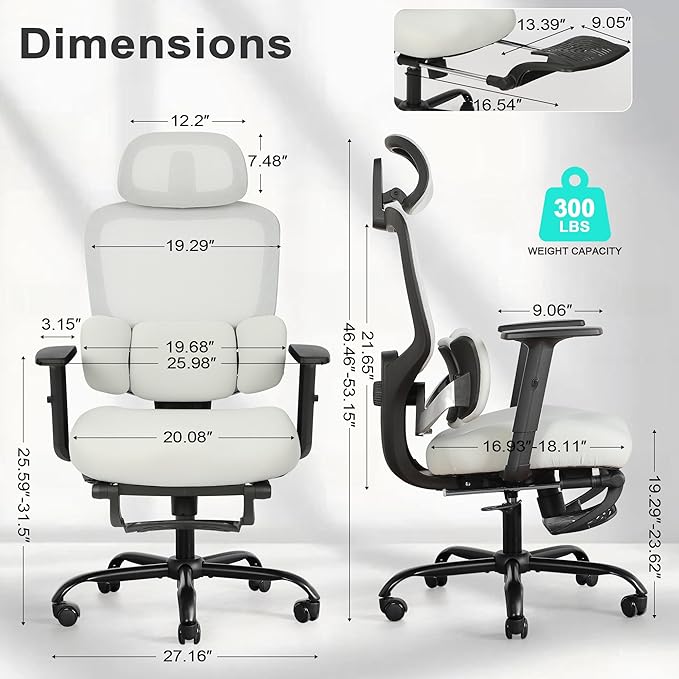 Ergonomic Office Chair with Footrest, Mesh Desk Chair with Adjustable Headrest & Armrests & Dynamic Floating Wing Lumbar Support, High Back Computer Chair for Home Office, BIFMA Certified, Grey