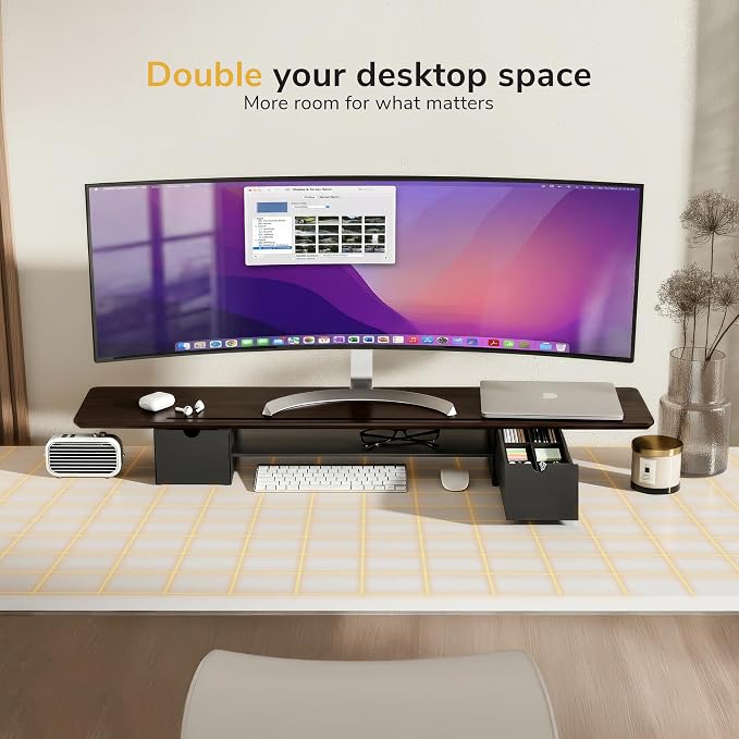 Mount-It! Extra Wide 39" Dual Monitor Stand Riser with 2 Drawers, Holds 66 lbs, Real Wood Platform, Built-In Device Slot, Removable Shelf, Home Office Desk Organizer