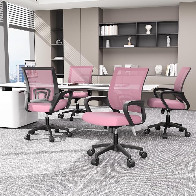 Magshion Ergonomic Office Chair 10 Pack, Mid-Back Mesh Desk Chair, Adjustable Swivel Computer Chair with Lumbar Support & Breathable Backrest for Gaming, Work, Study, 300 Lbs Capacity, Pink