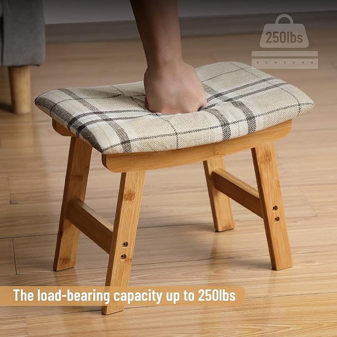 BAMBOO LAND- Bamboo Foot Stools Ottoman, Stripes Beige Cushion & Natural Wood Legs, Small Ottoman Foot Rest for Couch