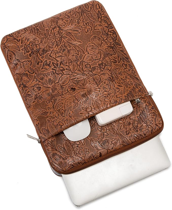 Kinmac 360° Protective Vertical Laptop Sleeve Case Cover Bag (Coffee Flower PU, 15.6 inch-16 inch)