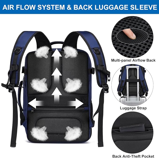 Travel Backpack for Men,Carry On Backpack with Shoe Pouch, TSA 15.6" Laptop Back Pack Flight Approved, College Gym Bag Casual Daypack for Weekender Business Hiking,Bookbag Travel Essentials,Blue