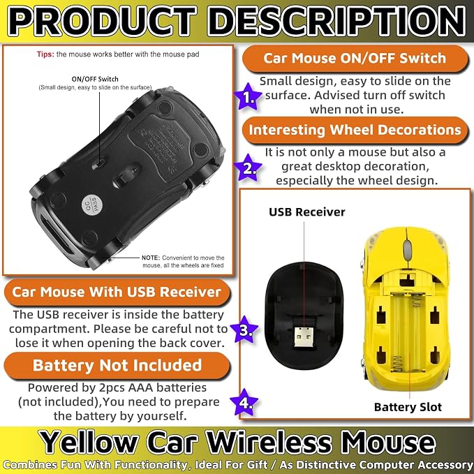 HuGuWdy Yellow Cute Wireless Mouse，2.4G with USB Reciver 1600DPI Car Mouse for Computer Wireless for Laptop Computer Tablet for Windows for Mac OS for Christmas（Yellow）