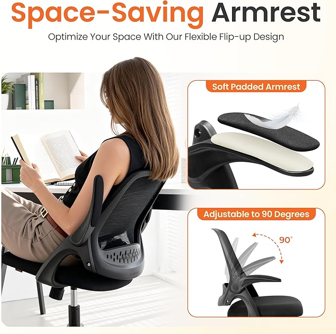 NEO CHAIR Office Chair Gaming Desk Computer Mesh Ergonomic Chair with Flip-up Arms Comfy Lumbar Support Adjustable Height Rolling Wheels Chair for Home Office (All Black)