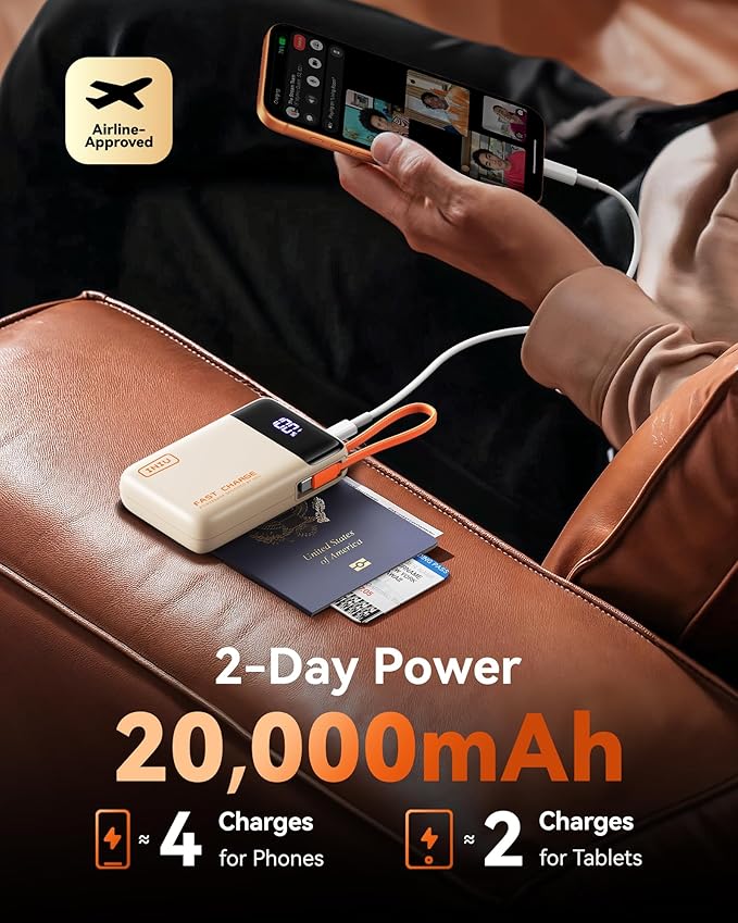 INIU 20000mAh Power Bank, Small 45W PD Fast Charging Portable Charger with Built-in USB C Cable, Flight-Safe Travel External Phone Battery Pack for iPhone 17 Pro Max Samsung S26 iPad etc, Beige