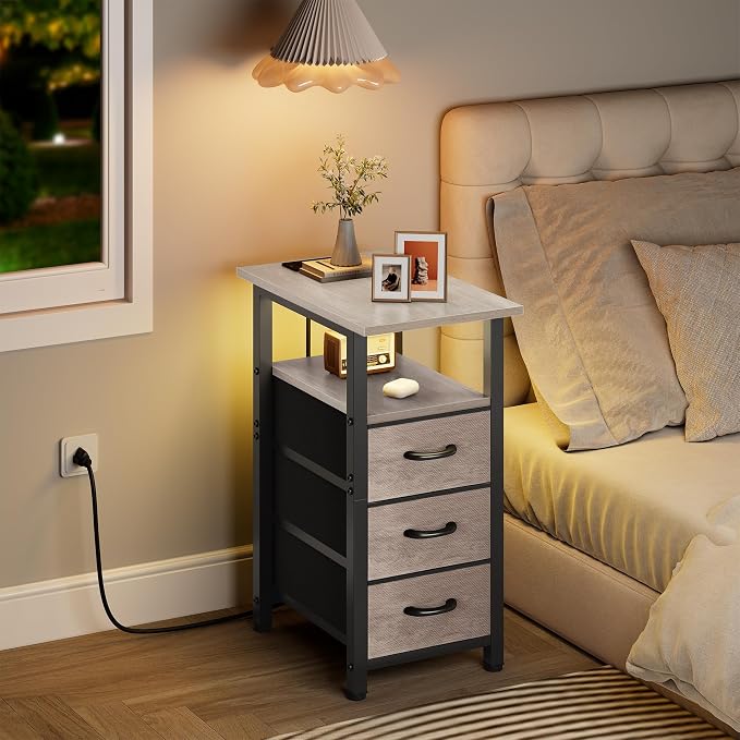 Vagusicc Set of 2 Nightstand with Charging Station and LED Lights, Narrow End Table, LED Night Stand with 3 Fabric Drawers for Bedroom, Small Bedside Table, Narrow Side Table for Small Spaces, Greige