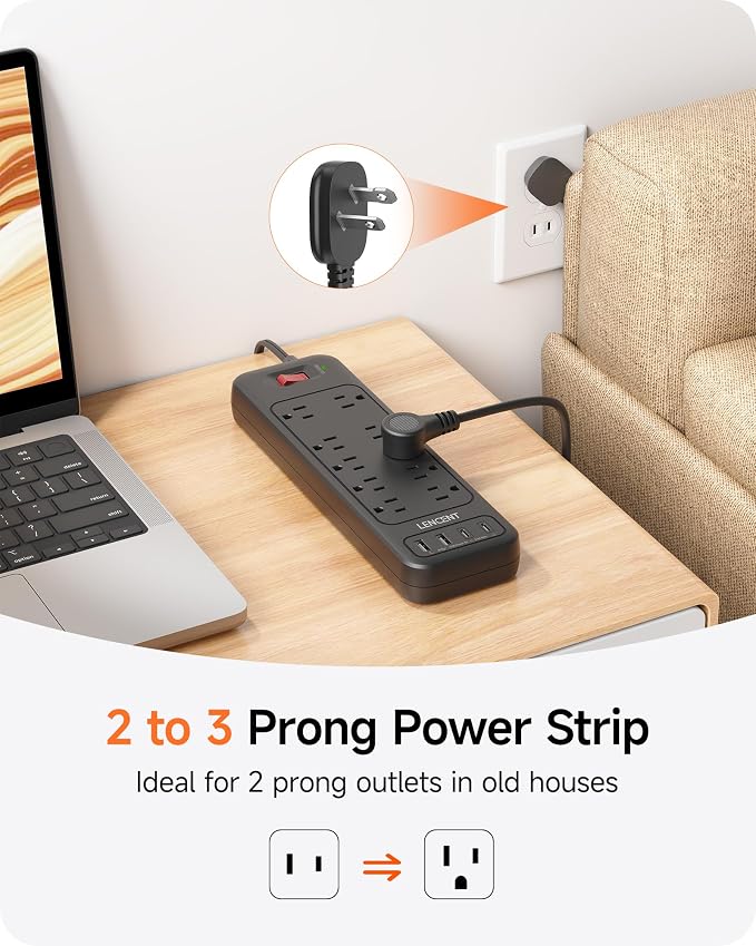 LENCENT 2 Prong Surge Protector Power Strip 1700J, Flat Plug 2 Prong to 3 Prong Outlet Adapter, 10 AC Outlets and 4 USB Ports, 6 Feet Extension Cord for Non-Grounded Outlets, Black, ETL Listed