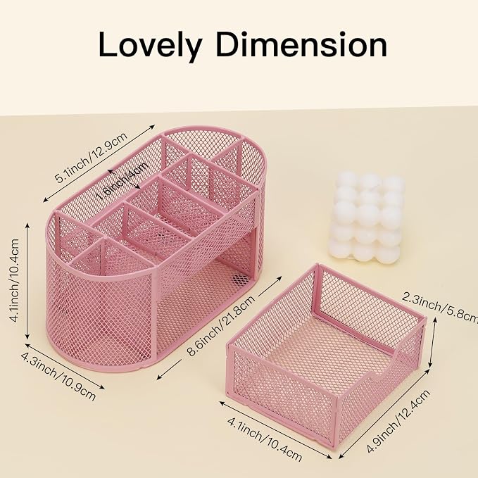 EOOUT Pink Desk Organizer, Pen Holder for Desk and Accessories, Mesh Desk Organizer with 8 Compartments and 1 Drawer for Office Home School Classroom