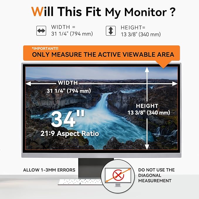 Mamol 34 Inch Curved Computer Privacy Screen Filter for 21:9 Aspect Ratio Widescreen Monitor - Anti Glare Blue Light Filter, Removable Computer Monitor Privacy Shield, Anti-Scratch Screen Protector