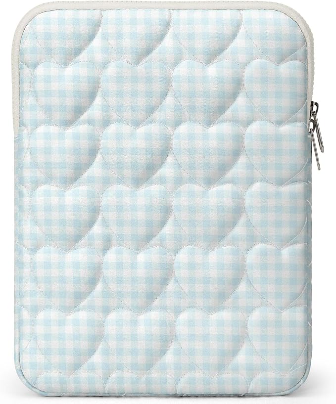 13-14 inch Cotton Quilted Laptop Sleeve for Women, Aesthetic Puffy Laptop Case Carrying Bag Compatible with MacBook Air/Pro 13/Pro 14, Soft Computer Liner Bag (Blue Gingham, 11.6 inch)