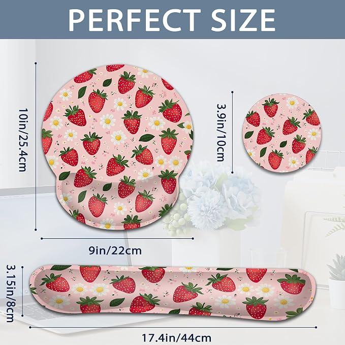 Ergonomic Memory Foam Wrist Rest Set for Keyboard and Mouse,Cute Strawberry Flower Supportive Mouse Pad with Non Slip Base for Office Work and Gaming