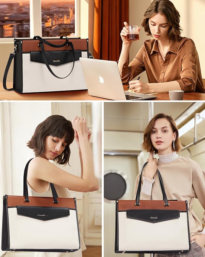 LOVEVOOK Laptop Bag for Women, 17.3'' Laptop Tote Purse 2-in-1 Professional Work Bag Business Briefcase with Clutch Purse, Waterproof Leather Computer Handbag for Teacher Office Travel