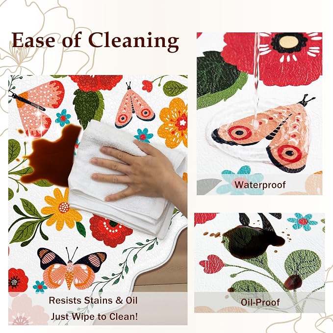 Arenarug Scalloped Kitchen Mats for Floor 2PC Cushioned Anti Fatigue Kitchen Mats Rugs Waterproof Non Slip Boho Floral Comfort Foam Standing Mat for Sink Laundry, White,17.3x30+17.3x59