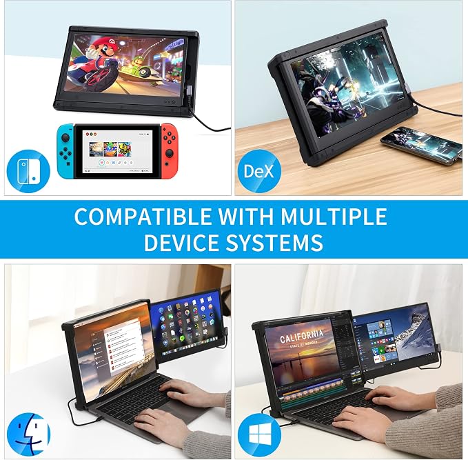 Alecewey Portable Monitor for Laptop Screen Extender Dual Monitor 12 Inch FHD 1080P IPS Display USB-A/Type-C/HDMI/Speakers for 13-16 Inch Computer Mac Windows Phone