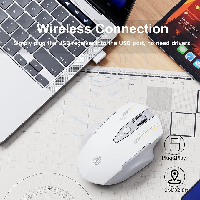 Uineer Wireless Mouse,[Upgraded] Rechargeable 2.4GHz (Battery Level Visible) Ergonomic Computer Mouse,4 Levels DPI, Wireless Mice for Laptop PC Computer(Grey and White)