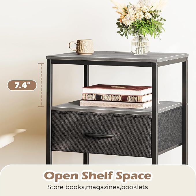SUPERJARE Night Stand with Charger Station, 27.7 Inch Tall Nightstand with Adjustable Fabric Drawer, Bed Side Table, Fabric Drawer Dresser for Bedroom, Living Room, Charcoal Gray and Black