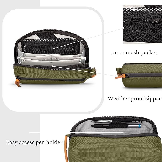 Tech Bag Organizer - Small Electronics Organizer Pouch for Travel - Premium Travel Case with Leather Accents - Mesh Pocket for Cables, Cords and Chargers (Green)