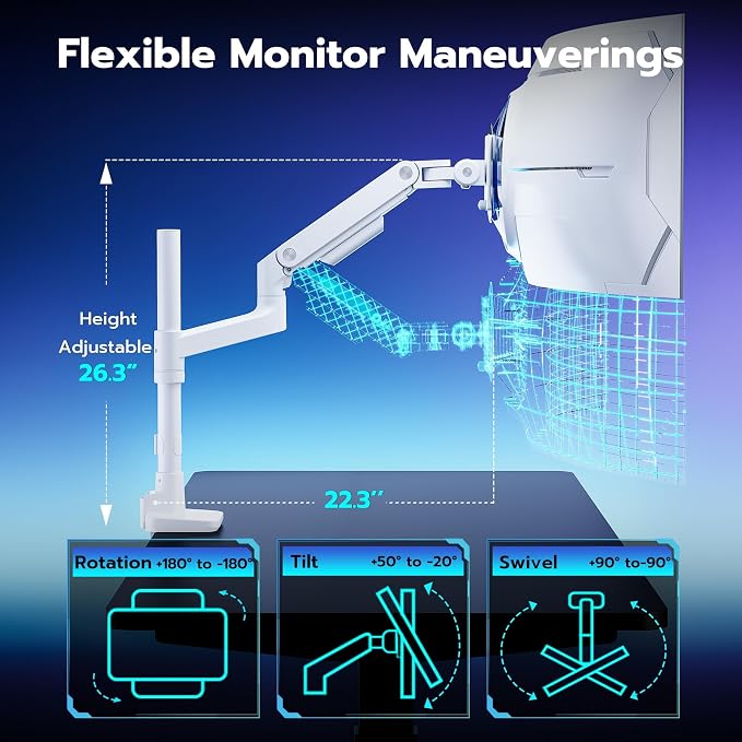 ARES WING Single Monitor Arm Desk Mount for 17-49 Inch Ultrawide Monitors, Heavy Duty Single Monitor Arm Holds 44 lbs, Full Motion Gas Spring Vertical Desk Mount, 75/100 VESA Mount, White