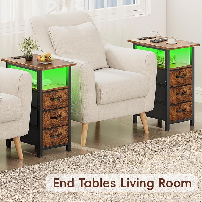 Vagusicc Set of 2 Nightstand with Charging Station and LED Lights, Narrow End Table, LED Nightstand with 3 Fabric Drawers for Bedroom, Narrow Side Table, Slim Sofa Side Table for Small Spaces, Brown
