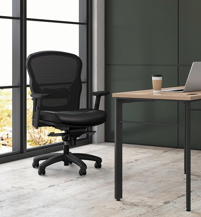 HON Wave High Back Ergonomic Office Chair with Leather Seat and Breathable Mesh Back, Adjustable Arms, Synchro‑Tilt Recline and Swivel Wheels for Desk and Computer Use, Black