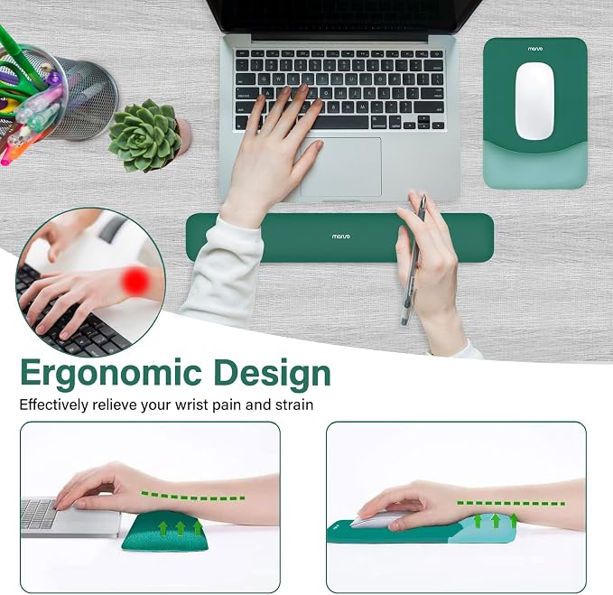 MOSISO Wrist Rest Support for Mouse Pad&Keyboard Set, Rectangular Ergonomic Mousepad Non-Slip Base Home/Office Pain Relief&Easy Typing Pad with Neoprene Cloth&Raised Silicone Lining, Peacock Green