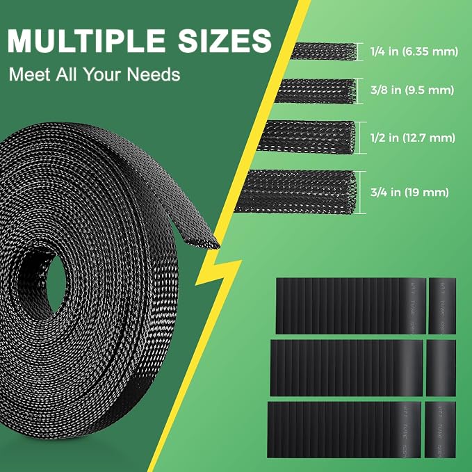132 ft Expandable Braided Cable Sleeve Wire Loom PET Wiring Sleeving, Mesh Automotive Split Sheathing Wrap Management Heat Shrink for Audio and Other Home Device (1/2 in, 1/4 in, 3/8 in,3/4 in,Black)