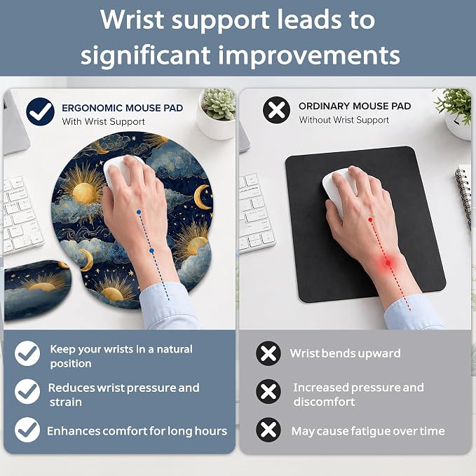 Starry Night Keyboard Wrist Rest Pad Ergonomic Mouse Pad Set,Sun Moon 3 in 1 Memory Foam Mouse Pad with Non Slip Base for Office and Home