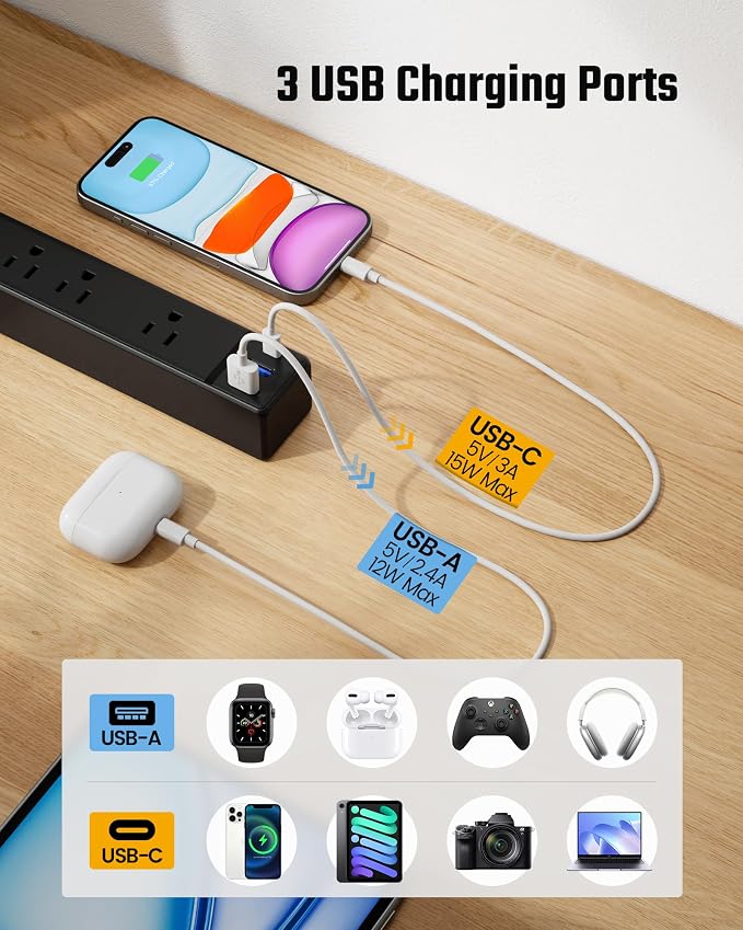 Black Long Extension Cord 20Ft, SUPERDANNY Flat Plug Surge Protector Power Strip with 6 Outlets & 3 USB Ports, Power Bar for Home Office, Dorm Room
