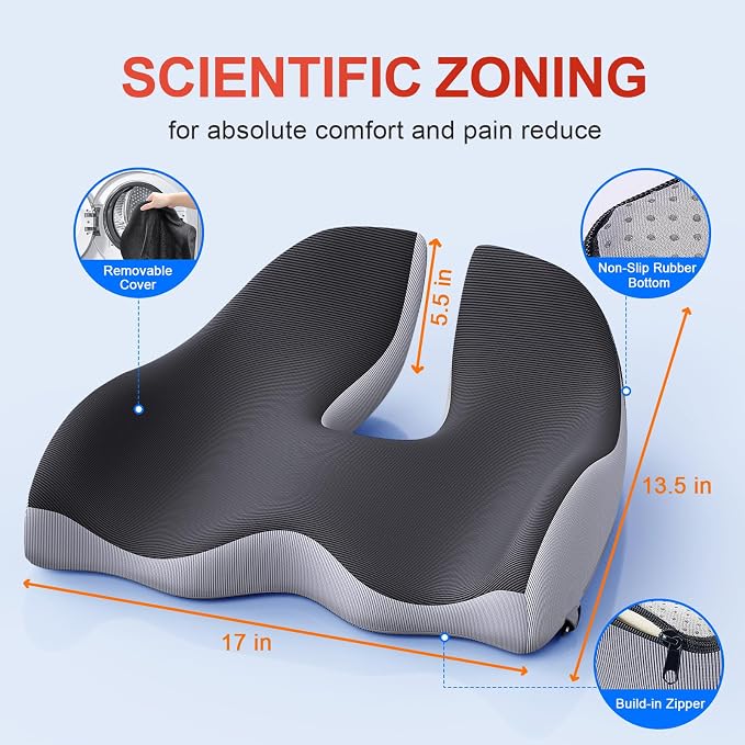 Benazcap X Large Memory Seat Cushion for Office Chair Ergonomic Cushions Butt Pillow for Pressure Relief Sciatica & Pain Relief Memory Foam for Long Sitting for Gaming Chair and Car Seat-Black & Grey