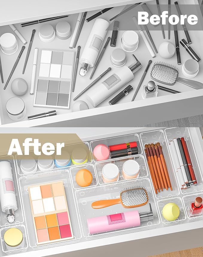 15Pcs Clear Plastic Drawer Organizers Set, 4size makeup drawer organizer trays for vanity/desk/bathroom/office/nightstand/gadgets for kitchen/desk drawer, Versatile drawer divider storage bins