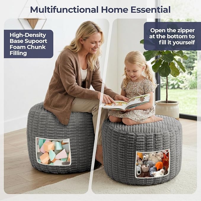 Round Pouf Ottoman Stuffed Corduroy Poufs Foot Rest with Foam Filling Fluffy Pouf Storage Foot Stools Ottoman Rest for Living Room Couch 20 X 15 Inches, Grey