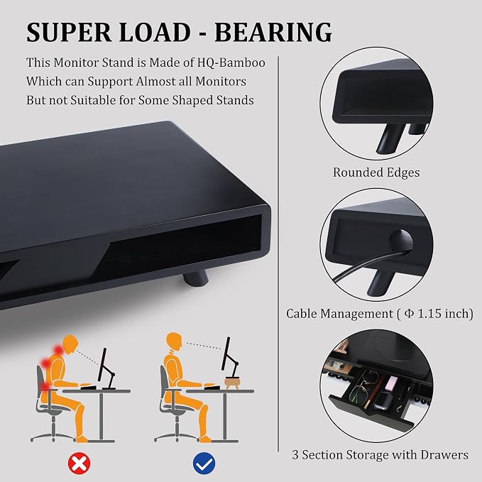 Homerays Monitor Stand with Drawer, Exquisite Computer Monitor Stand for Desk, Ergonomic Wood Monitor Stand Riser for Computer,Laptop,Printer,TV,Bamboo,Black