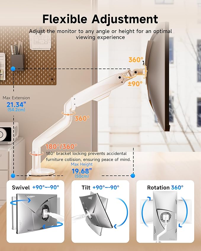 BIZUM Heavy Aluminum Monitor Stand 17 to 43 Inch Monitor Arm, Adjustable-Monitor Mount up to 33lbs with Clamp and Grommet Base, VESA 75x75/100x100mm White