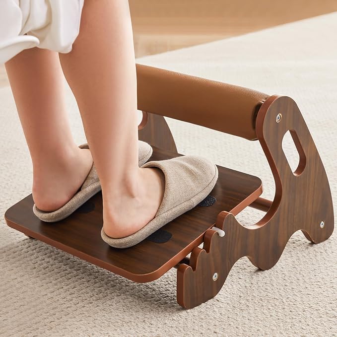 Spacocld Foot Rest for Under Desk at Work- Adjustable Rocking Foot Stool with 3 Height Positions and Soft Crossbar, Ergonomic Wooden Footrest with Anti-Slip Surface for Home, Office