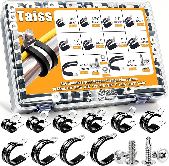 Taiss 270PCS Cable Clamps Assortment Kit,304 Stainless Steel Rubber Cushion Insulated Wire Pipe Clamps,10 Sizes 1/4" 5/16" 3/8" 1/2" 5/8" 3/4" 1" 1-1/4" 1-1/2" 1-3/4" Loop Clamps With screws
